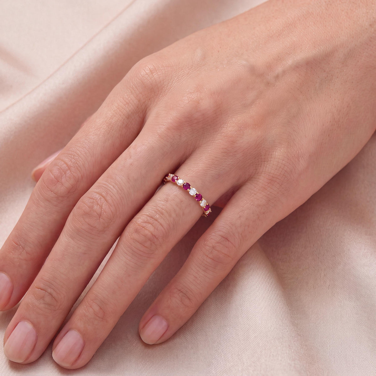 Round Ruby & Diamond Half Way Eternity Wedding Band Ring 14K Solid Gold Scallop Set