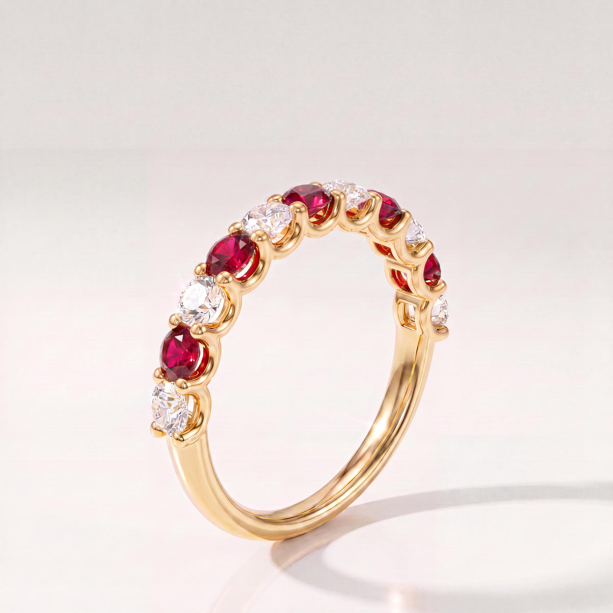 Round Ruby & Diamond Half Way Eternity Wedding Band Ring 14K Solid Gold Scallop Set