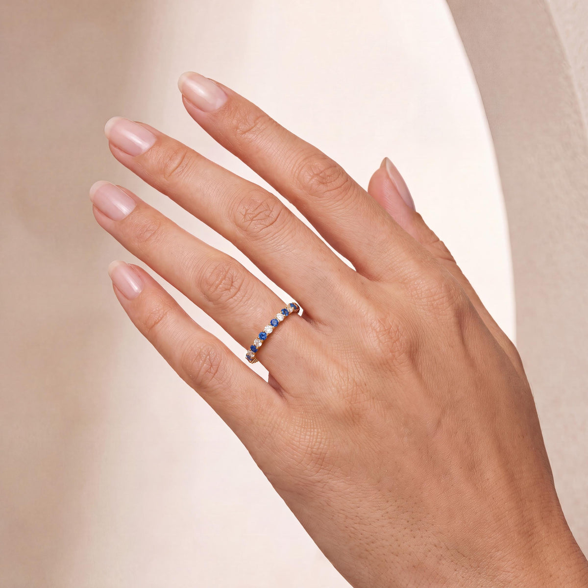 Sapphire & Diamond Eternity Band 14K Solid Gold Round Prong Set Wedding Band Stacking Ring