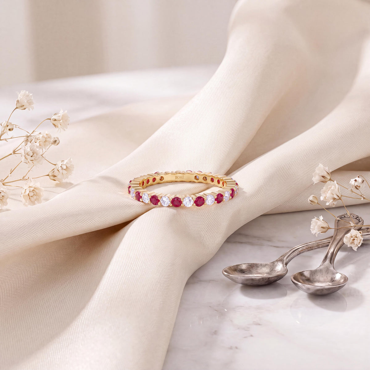 Ruby & Diamond Eternity Band 14K Solid Gold Round Prong Set Wedding Band Stacking Ring