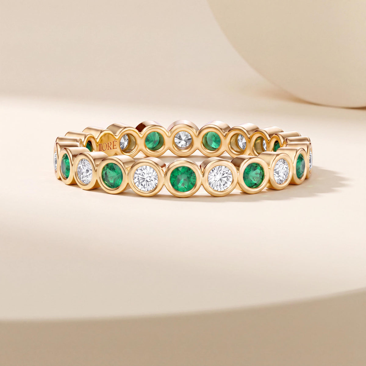 Emerald & Diamond Full Eternity Wedding Band Ring Stackable 14K Gold Bezel Set Round Brilliant Cut