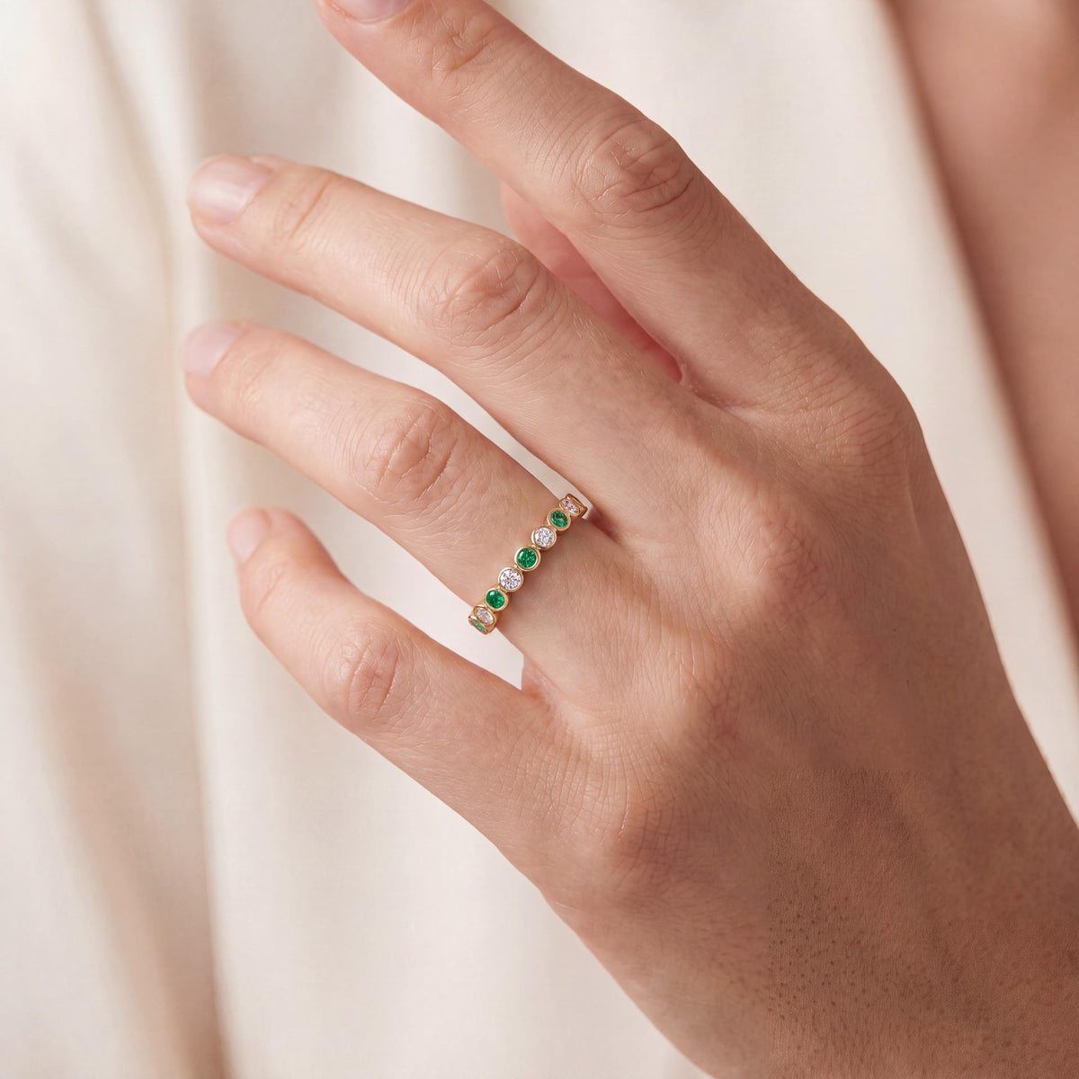 Emerald & Diamond Full Eternity Wedding Band Ring Stackable 14K Gold Bezel Set Round Brilliant Cut