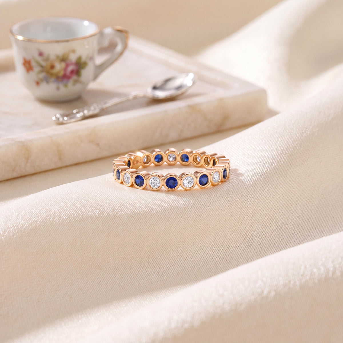 Sapphire & Diamond Full Eternity Wedding Band Ring Stackable 14K Gold Bezel Set Round Brilliant Cut