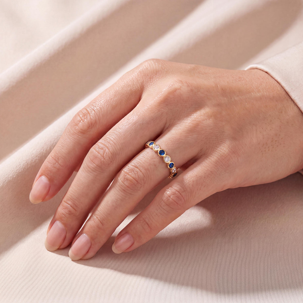 Sapphire & Diamond Full Eternity Wedding Band Ring Stackable 14K Gold Bezel Set Round Brilliant Cut