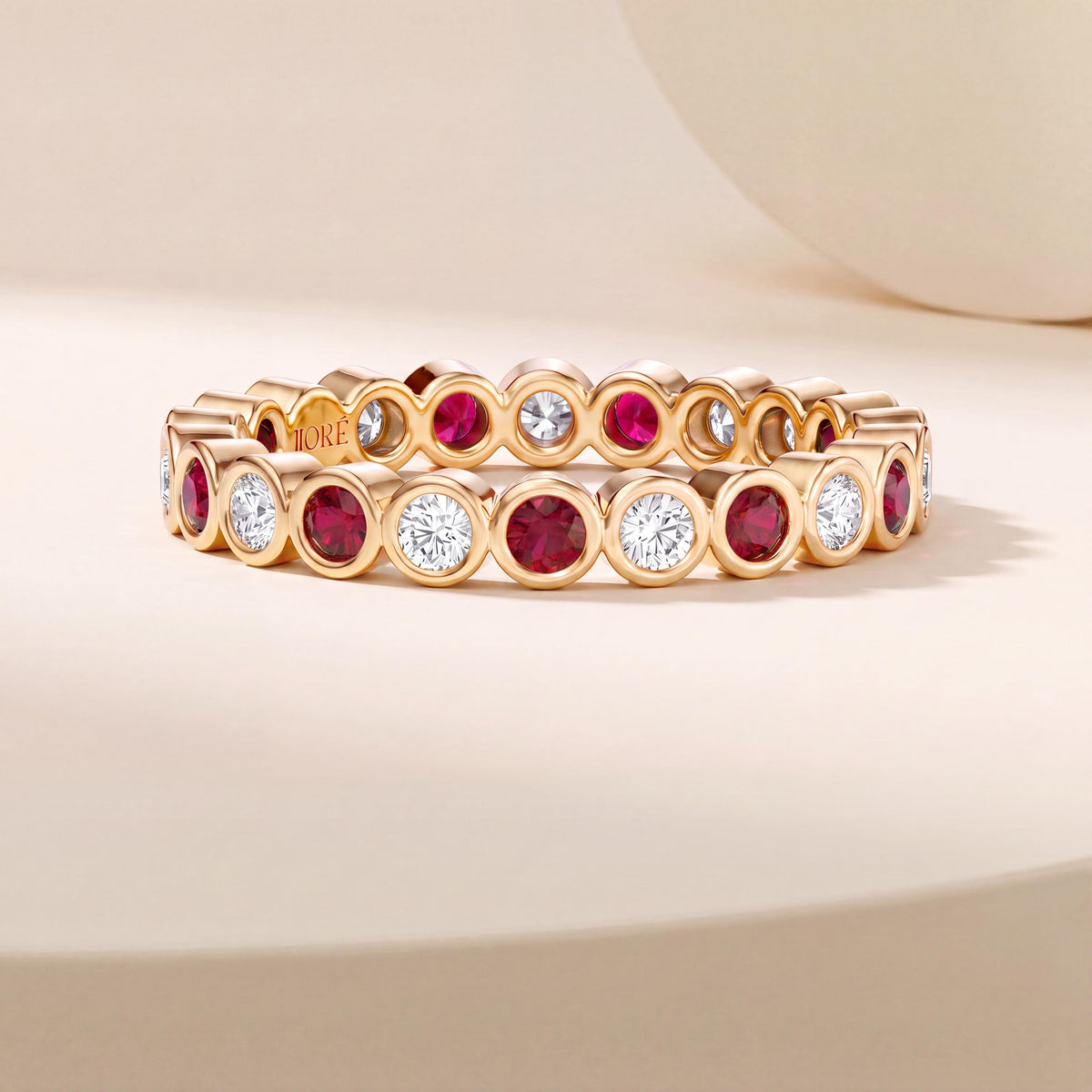 Ruby & Diamond Full Eternity Wedding Band Ring Stackable 14K Gold Bezel Set Round Brilliant Cut