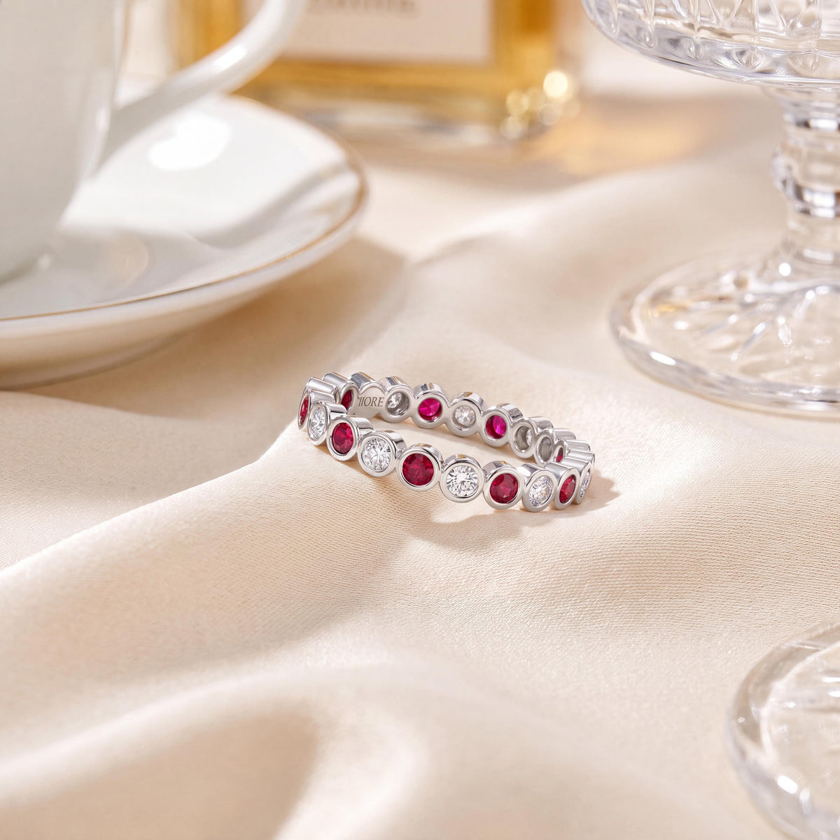 Ruby & Diamond Full Eternity Wedding Band Ring Stackable 14K Gold Bezel Set Round Brilliant Cut