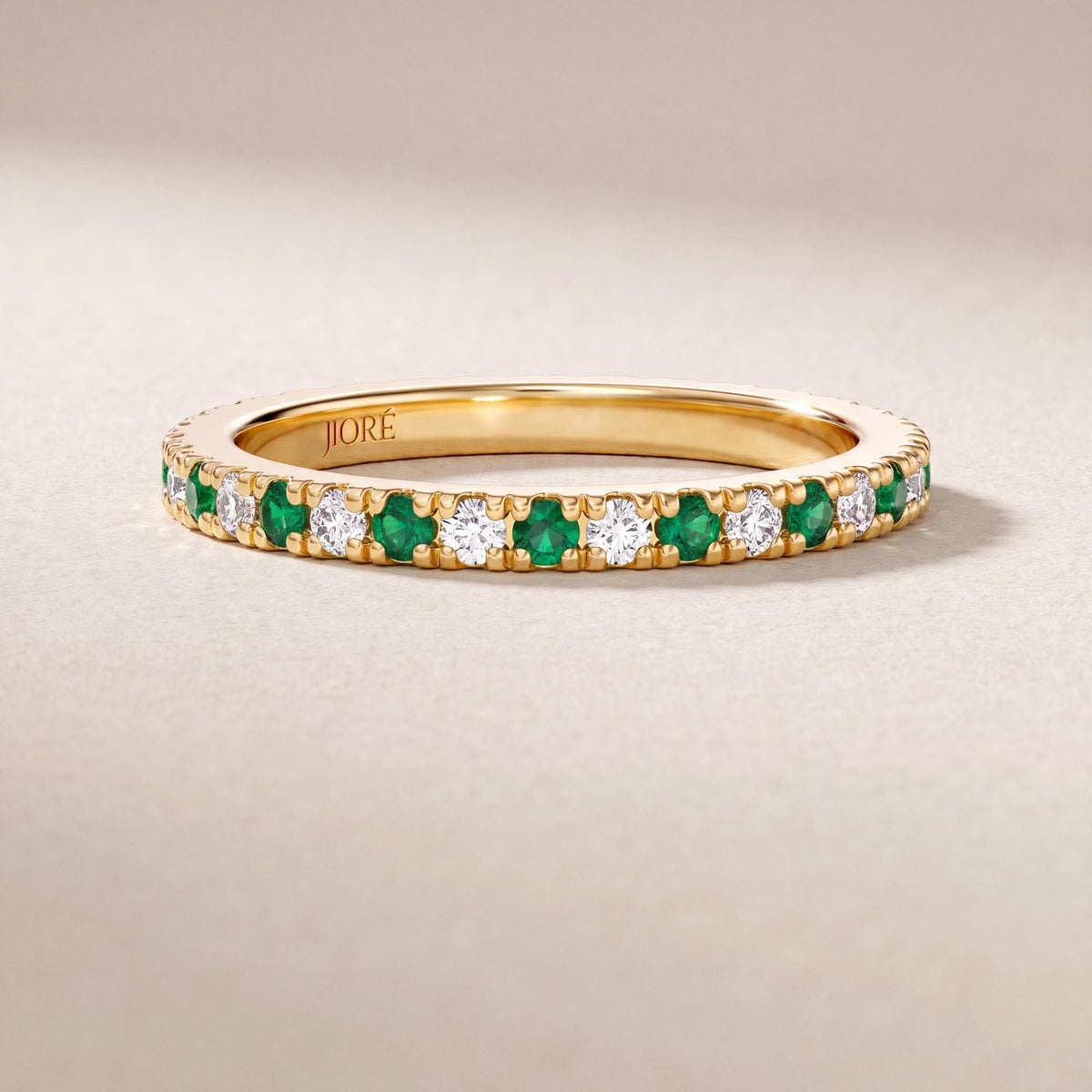 Round Emerald & Diamond Full Eternity Wedding Band Stackable Ring 14K Solid Gold Pave Set