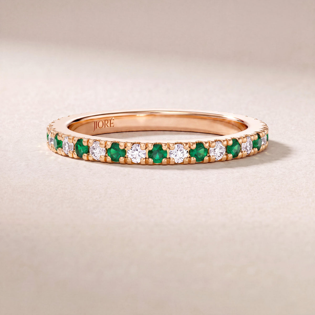 Round Emerald & Diamond Full Eternity Wedding Band Stackable Ring 14K Solid Gold Pave Set