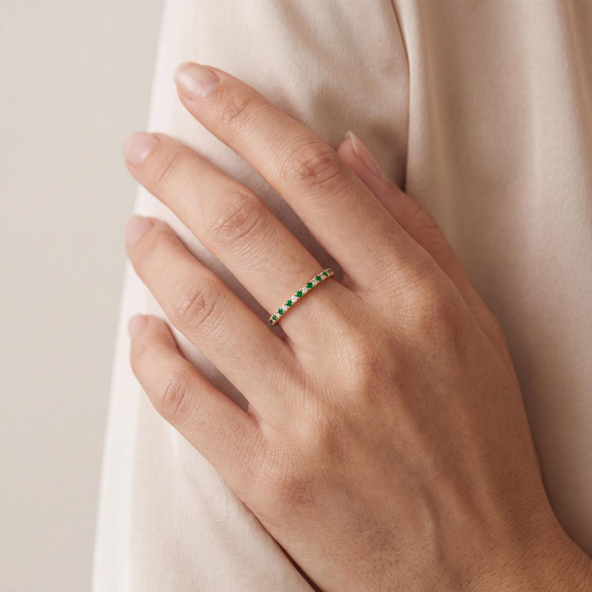 Round Emerald & Diamond Full Eternity Wedding Band Stackable Ring 14K Solid Gold Pave Set