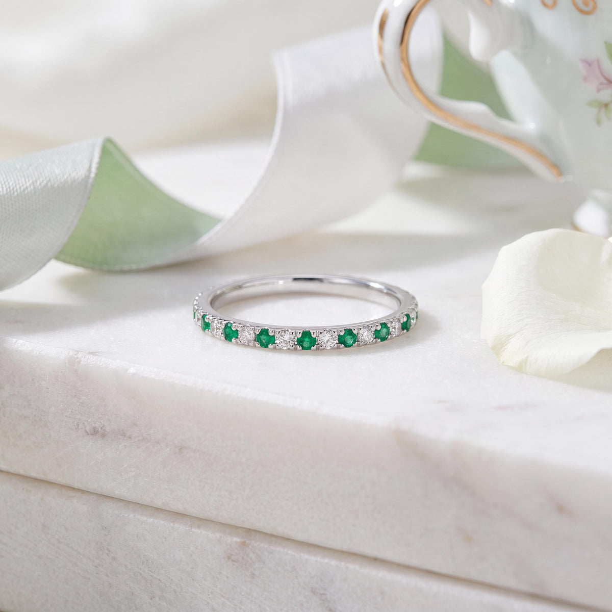Round Emerald & Diamond Full Eternity Wedding Band Stackable Ring 14K Solid Gold Pave Set