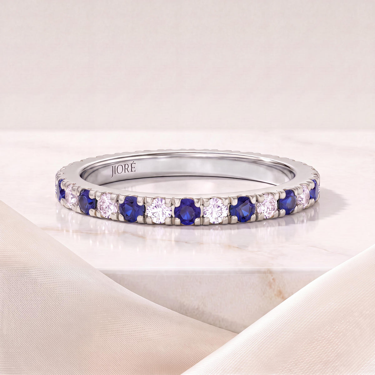 Round Sapphire & Diamond Full Eternity Wedding Band Stackable Ring 14K Solid Gold Pave Set