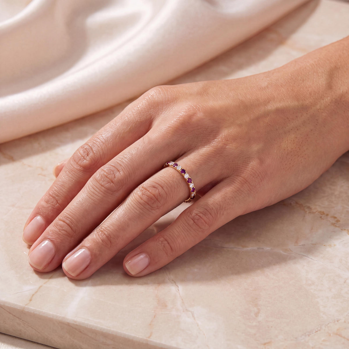Round Ruby & Diamond Full Eternity Wedding Band Stackable Ring 14K Solid Gold Pave Set