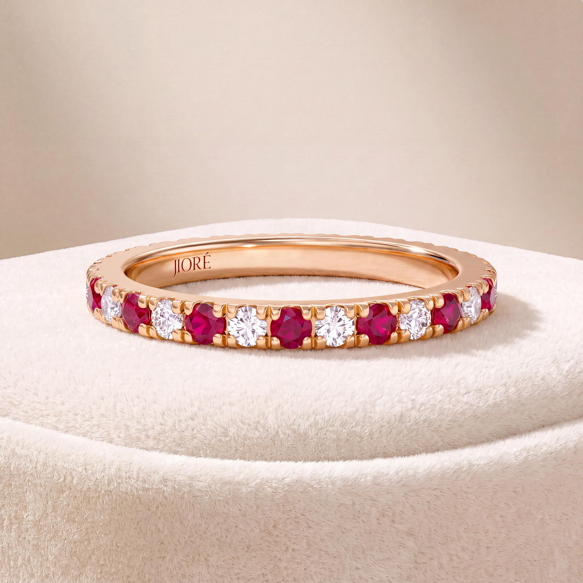 Round Ruby & Diamond Full Eternity Wedding Band Stackable Ring 14K Solid Gold Pave Set