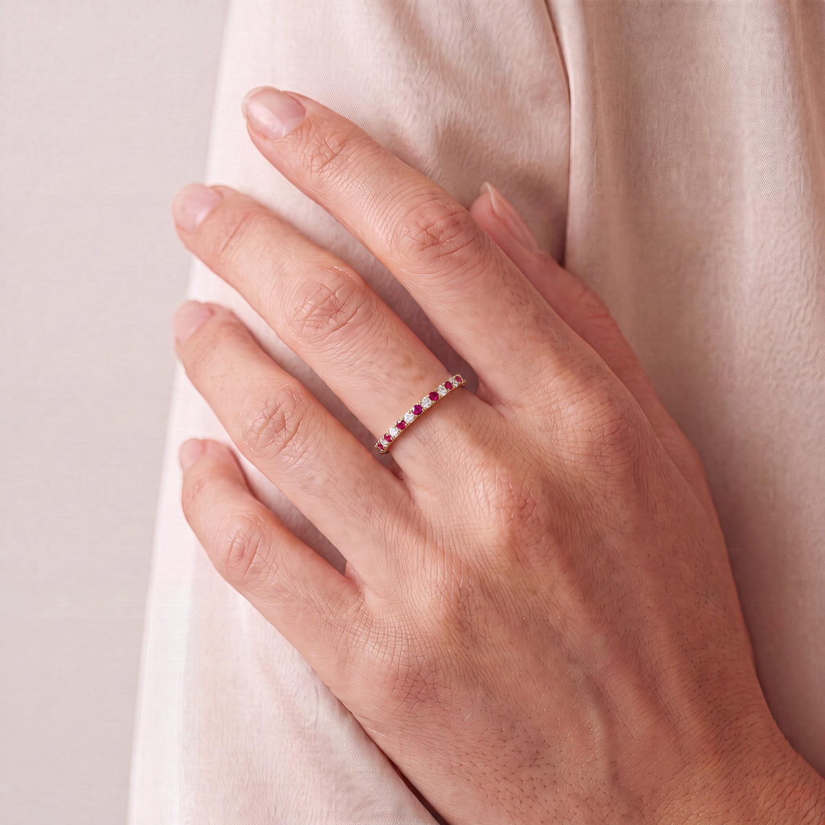 Round Ruby & Diamond Full Eternity Wedding Band Stackable Ring 14K Solid Gold Pave Set