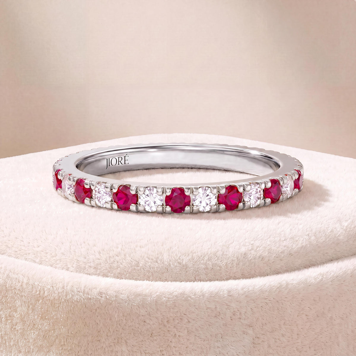 Round Ruby & Diamond Full Eternity Wedding Band Stackable Ring 14K Solid Gold Pave Set