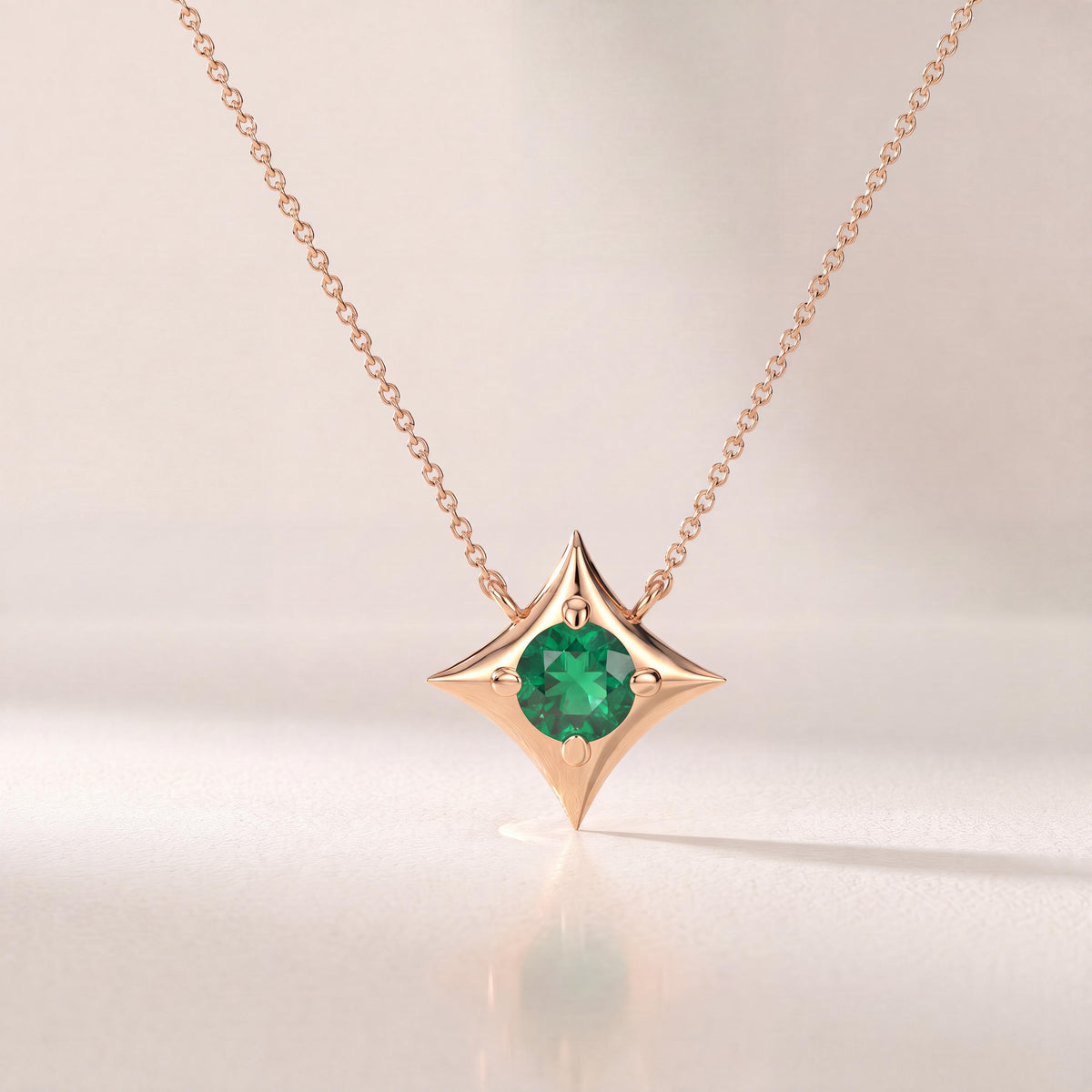 Round Solitaire Emerald Four Point Dainty Star 14K Solid Gold Pendant Necklace