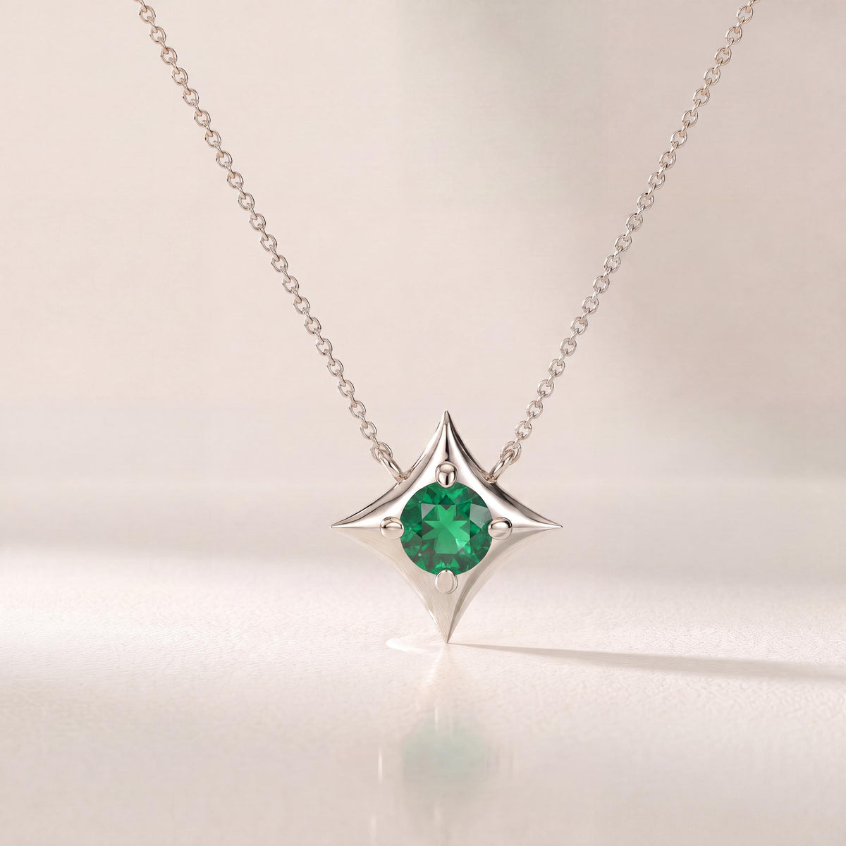 Round Solitaire Emerald Four Point Dainty Star 14K Solid Gold Pendant Necklace