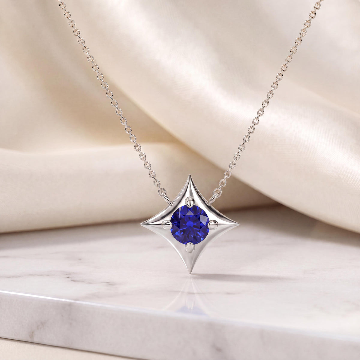 Round Solitaire Sapphire Four Point Dainty Star 14K Solid Gold Pendant Necklace
