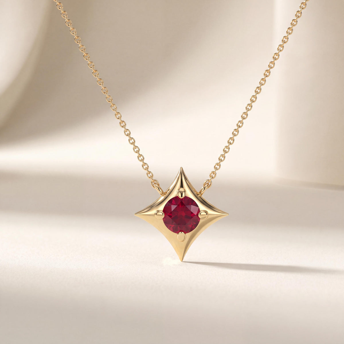 Round Solitaire Ruby Four Point Dainty Star 14K Solid Gold Pendant Necklace