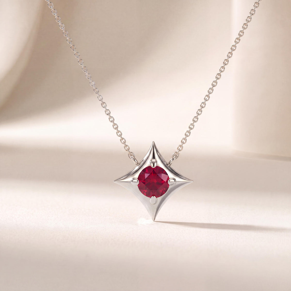 Round Solitaire Ruby Four Point Dainty Star 14K Solid Gold Pendant Necklace