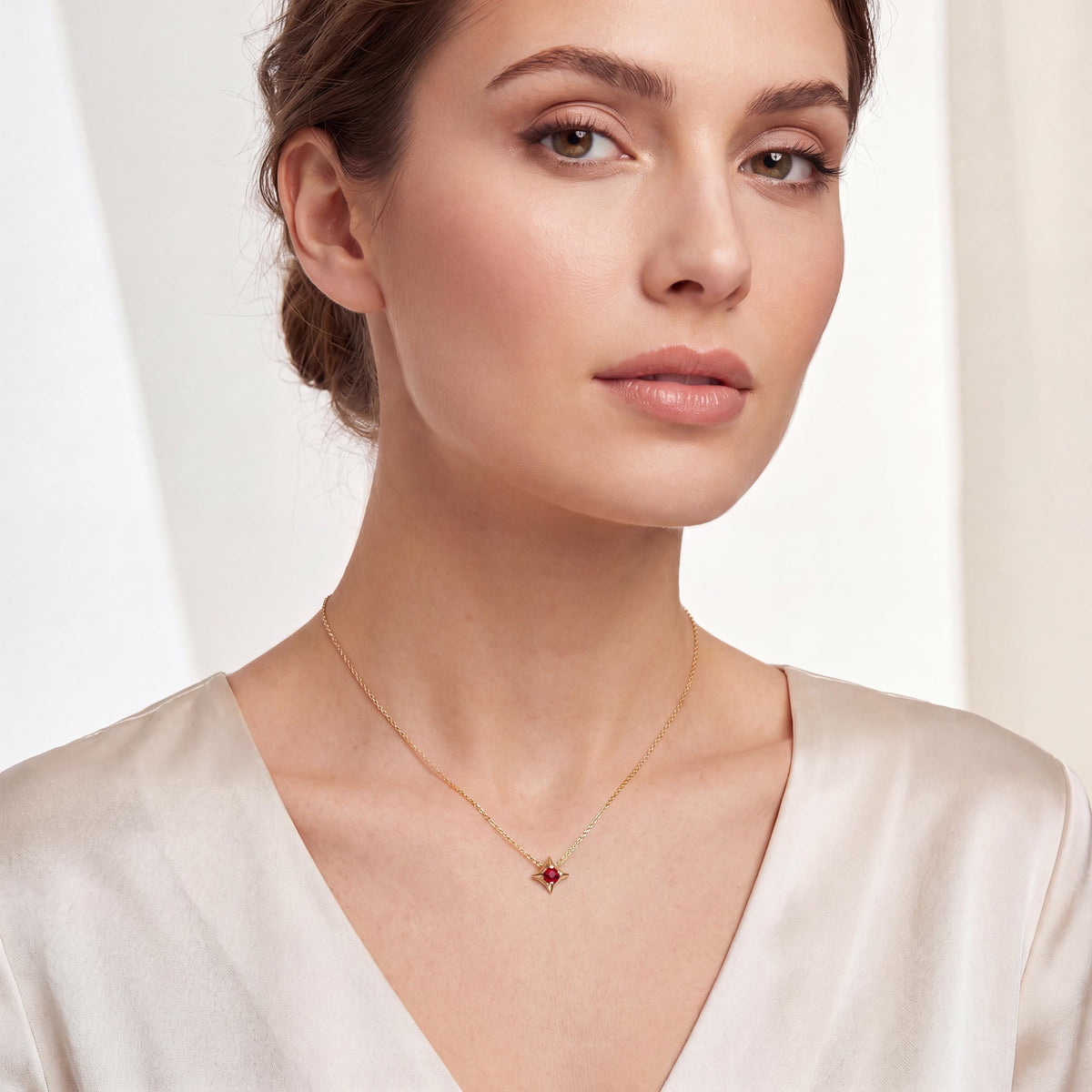 Round Solitaire Ruby Four Point Dainty Star 14K Solid Gold Pendant Necklace