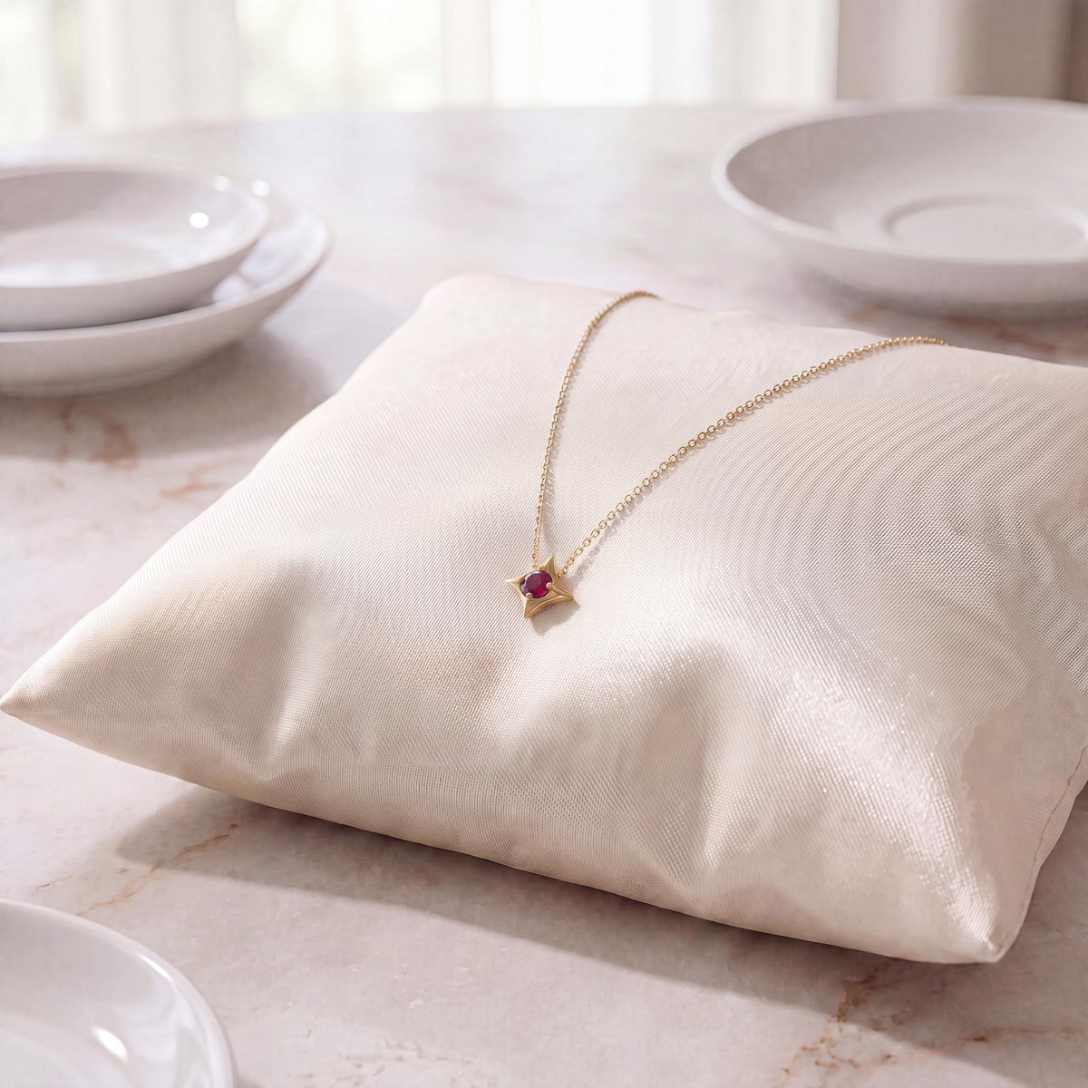 Round Solitaire Ruby Four Point Dainty Star 14K Solid Gold Pendant Necklace