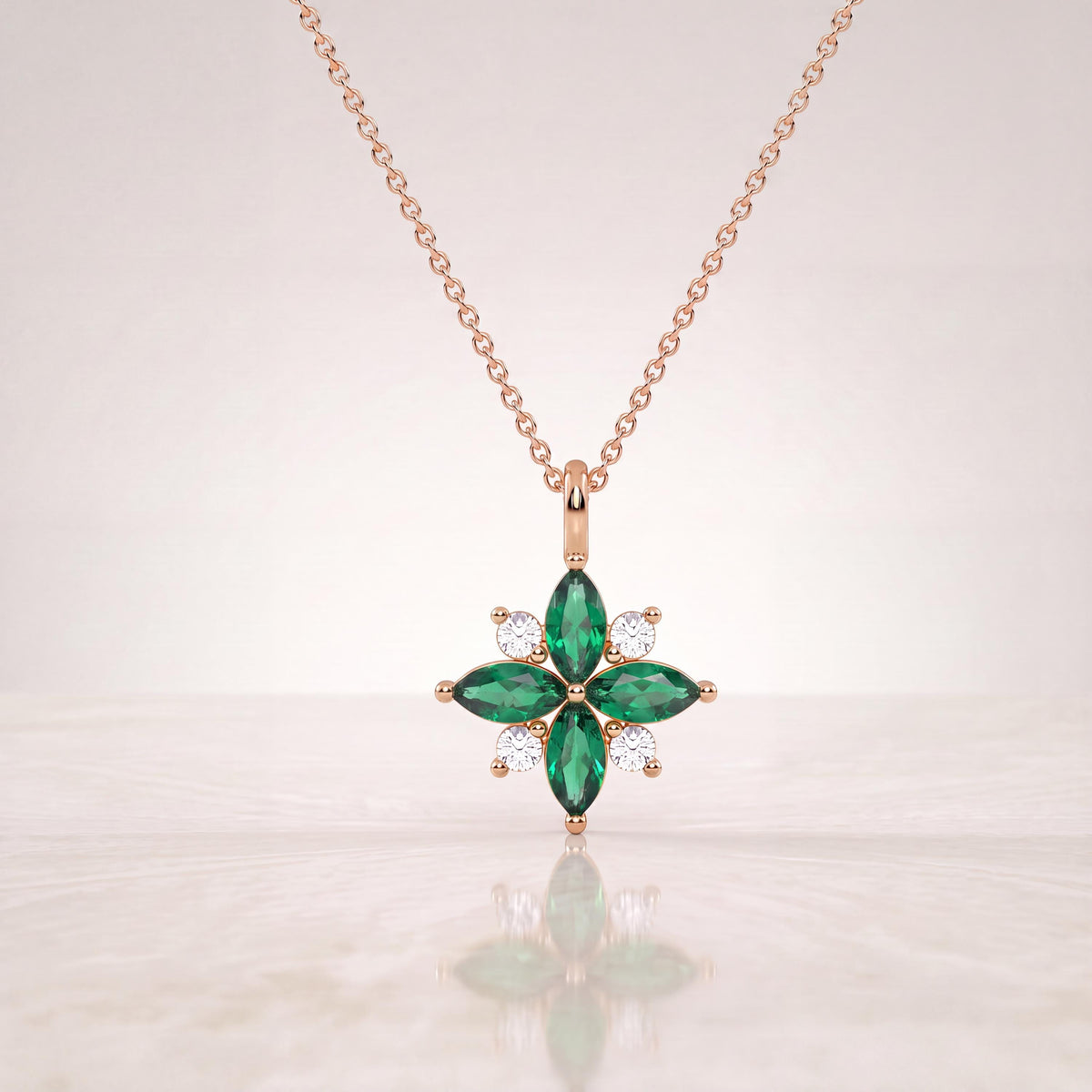 Marquise Emerald & Diamond Dainty Cluster Pendant Necklace 14K Solid Gold