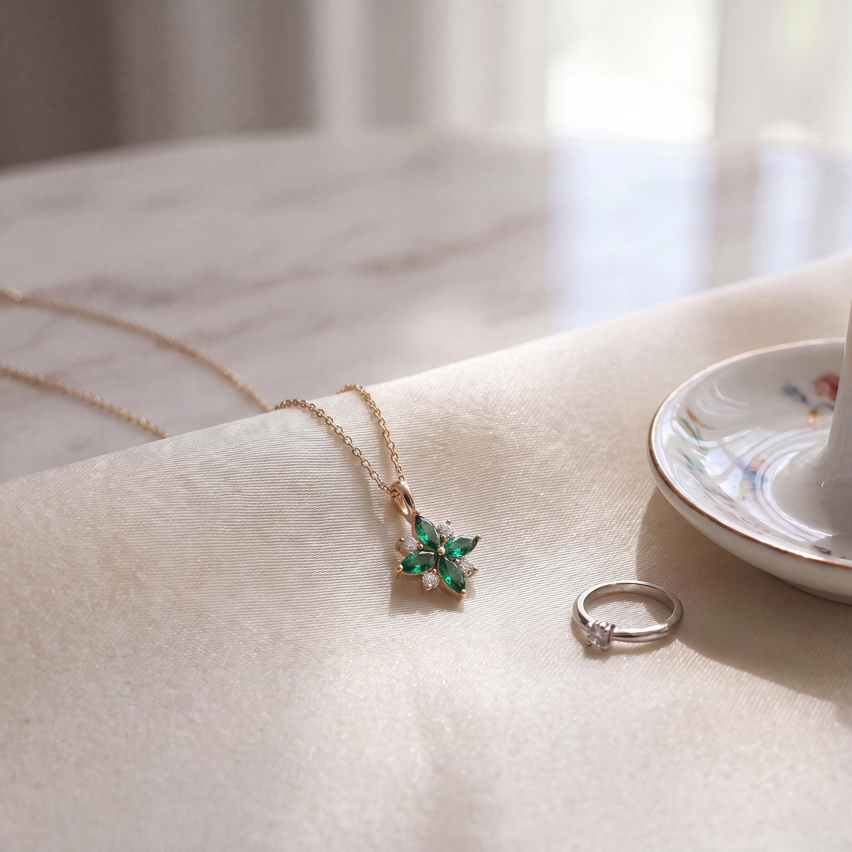 Marquise Emerald & Diamond Dainty Cluster Pendant Necklace 14K Solid Gold