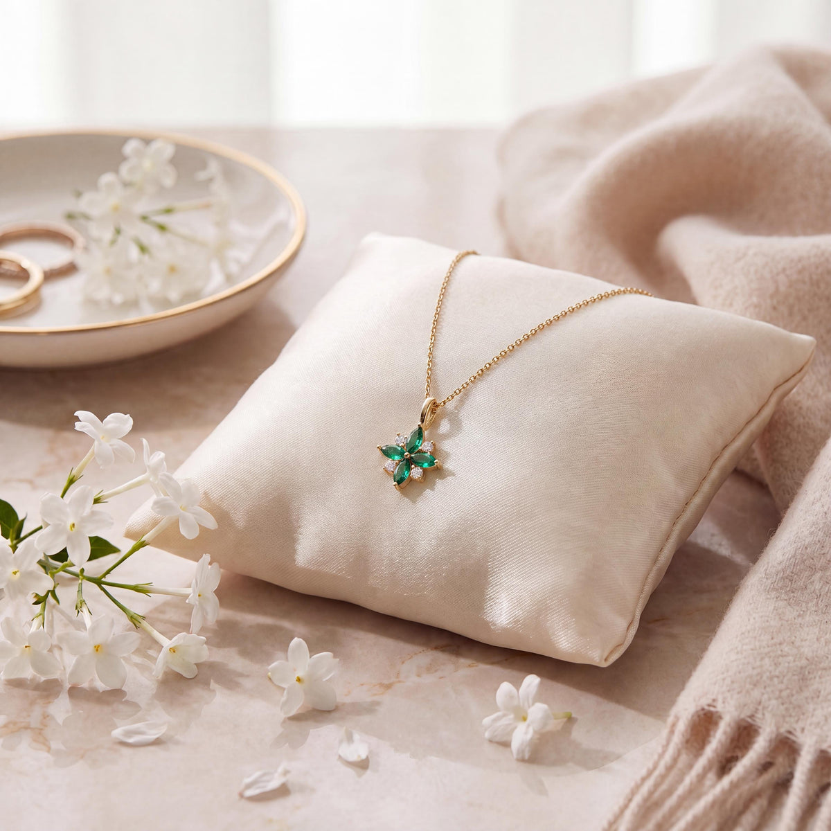 Marquise Emerald & Diamond Dainty Cluster Pendant Necklace 14K Solid Gold