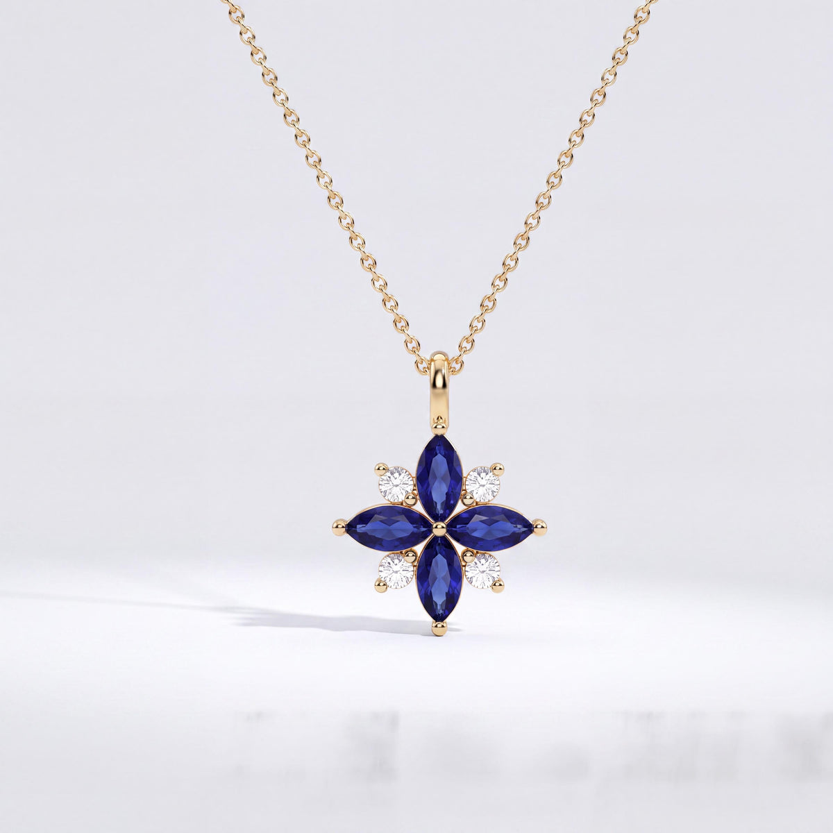 Marquise Sapphire & Diamond Dainty Cluster Pendant Necklace 14K Solid Gold