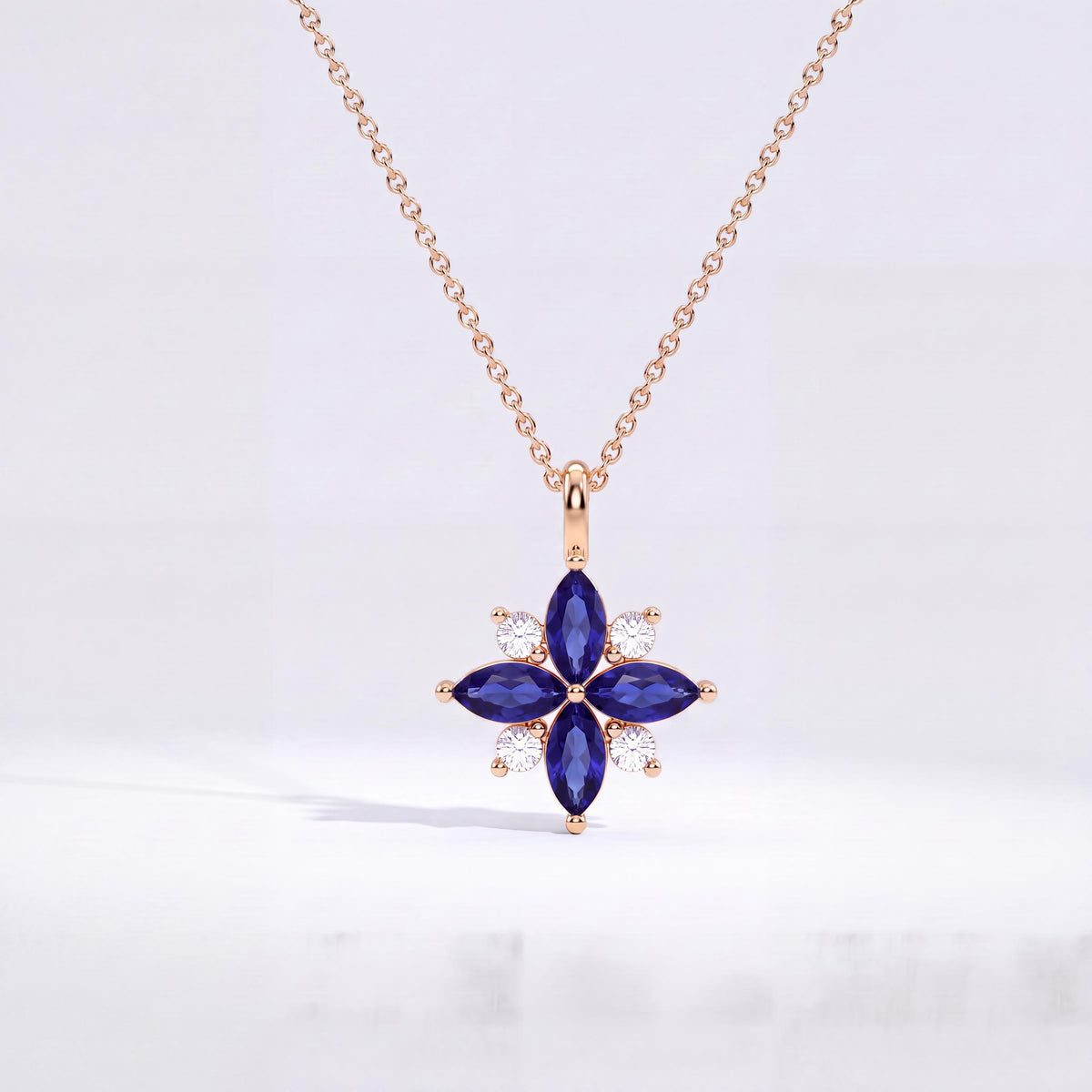 Marquise Sapphire & Diamond Dainty Cluster Pendant Necklace 14K Solid Gold