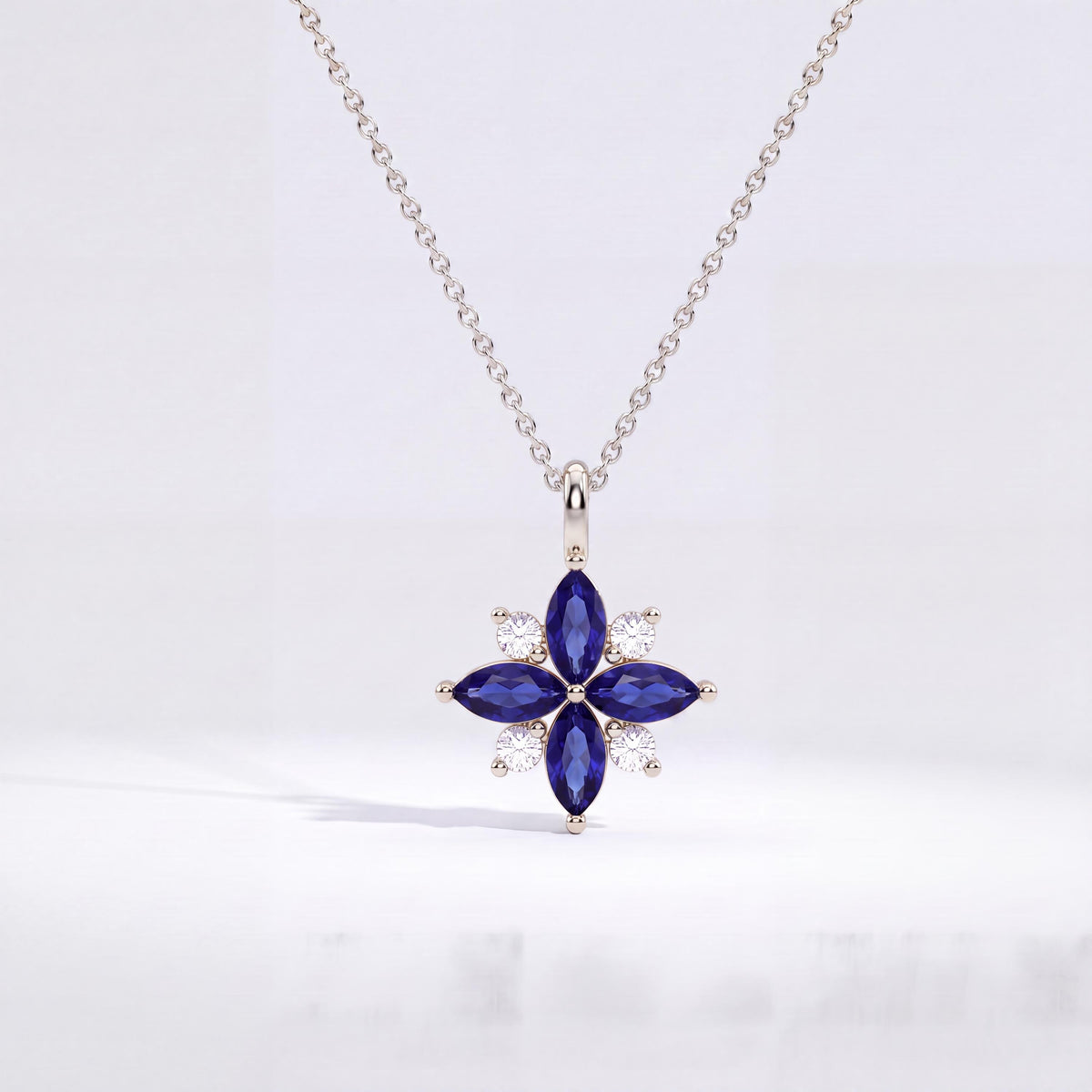 Marquise Sapphire & Diamond Dainty Cluster Pendant Necklace 14K Solid Gold