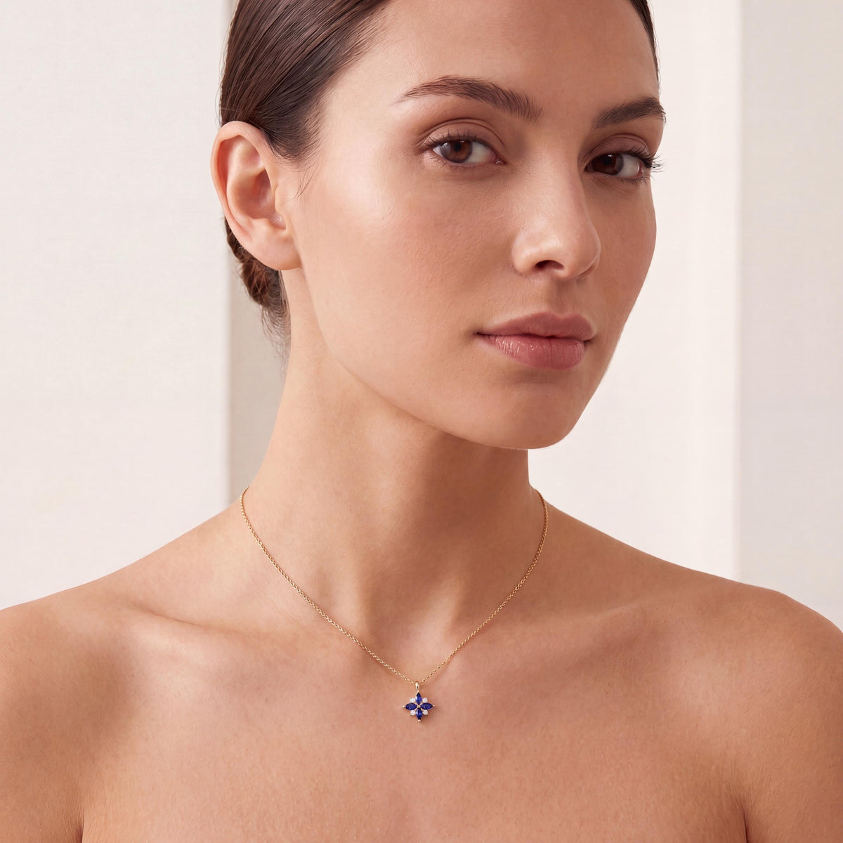 Marquise Sapphire & Diamond Dainty Cluster Pendant Necklace 14K Solid Gold
