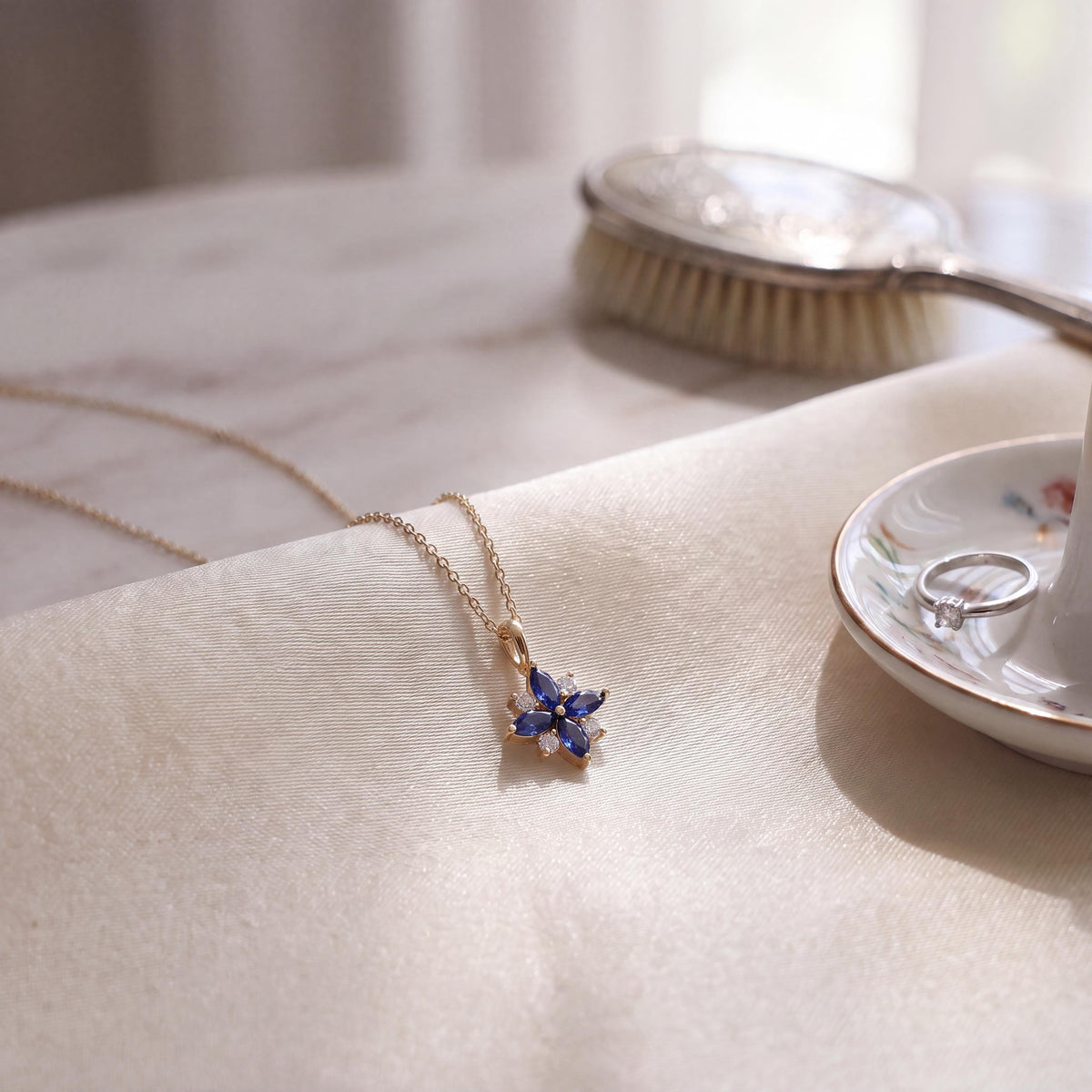 Marquise Sapphire & Diamond Dainty Cluster Pendant Necklace 14K Solid Gold