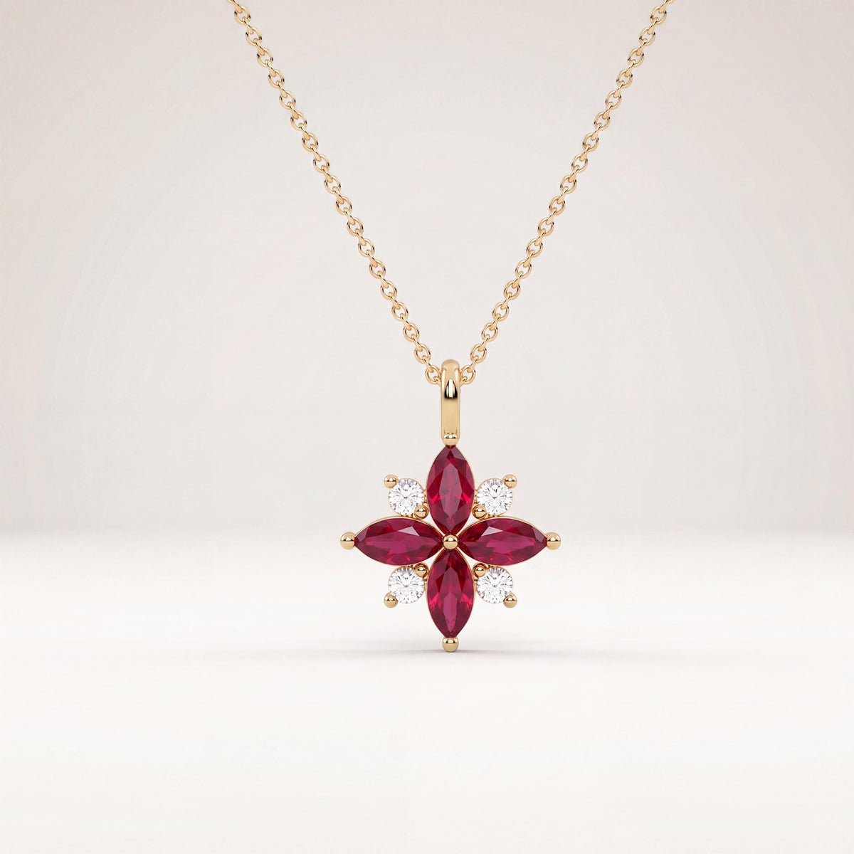 Marquise Ruby & Diamond Dainty Cluster Pendant Necklace 14K Solid Gold