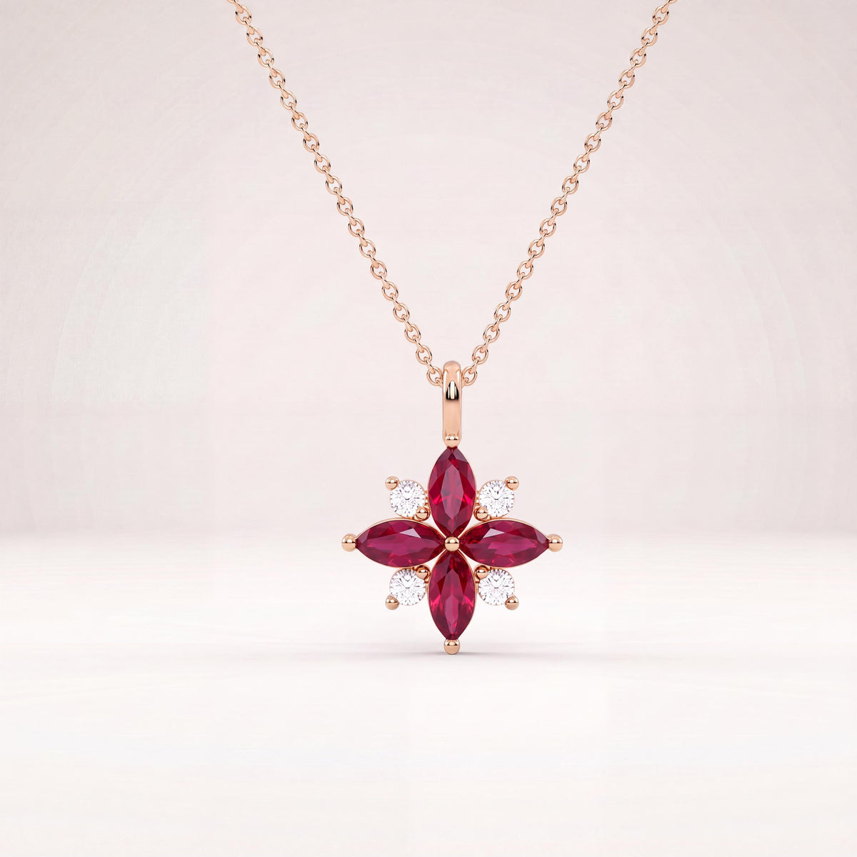 Marquise Ruby & Diamond Dainty Cluster Pendant Necklace 14K Solid Gold