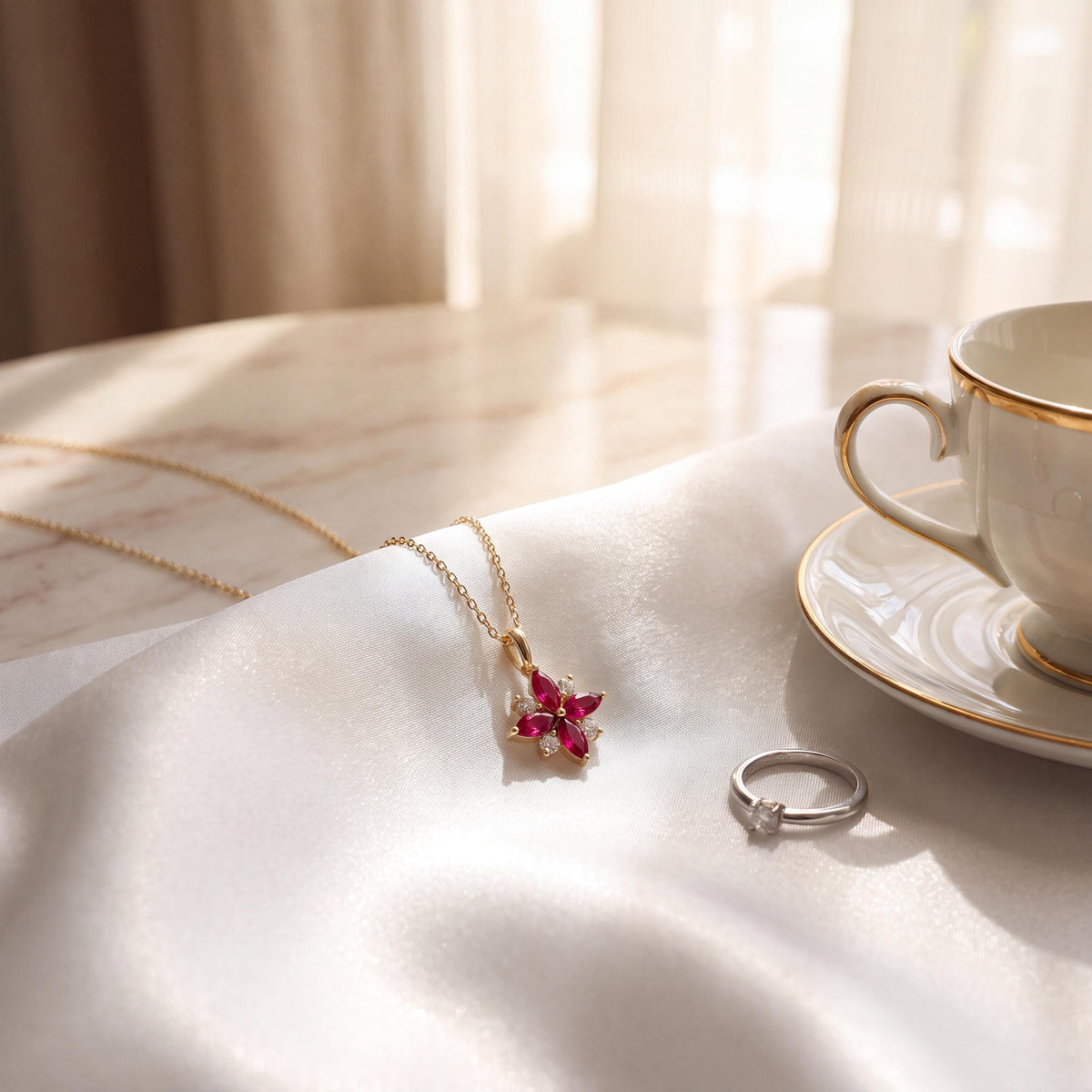 Marquise Ruby & Diamond Dainty Cluster Pendant Necklace 14K Solid Gold
