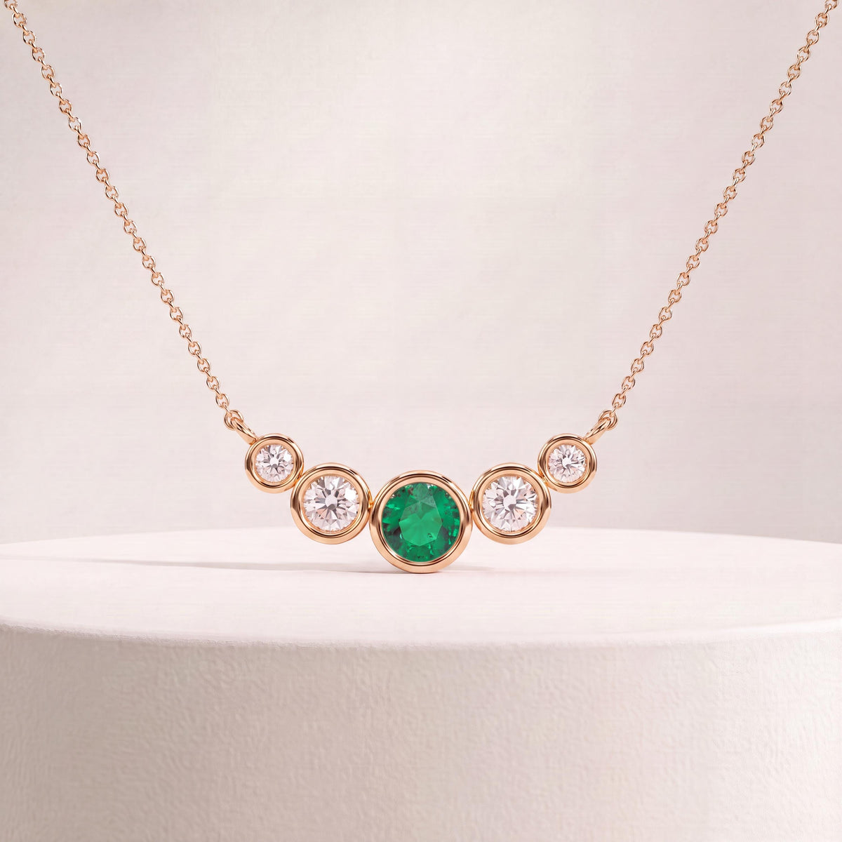 Round Emerald & Diamond Five Stone Graduated Bezel Necklace 14K Solid Gold Pendant