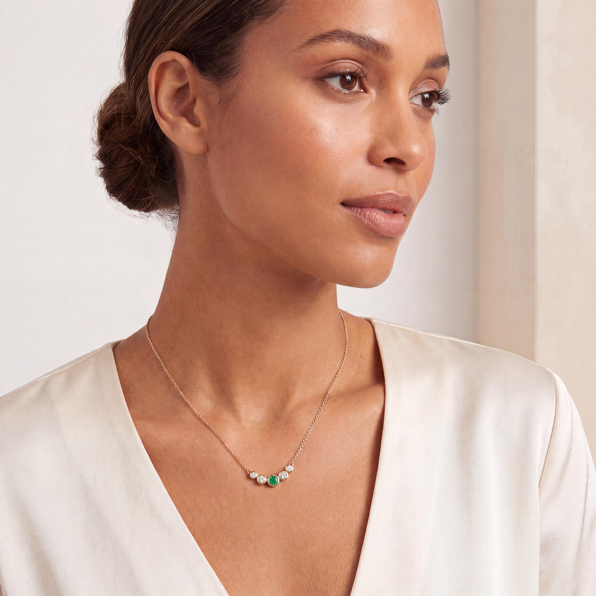 Round Emerald & Diamond Five Stone Graduated Bezel Necklace 14K Solid Gold Pendant