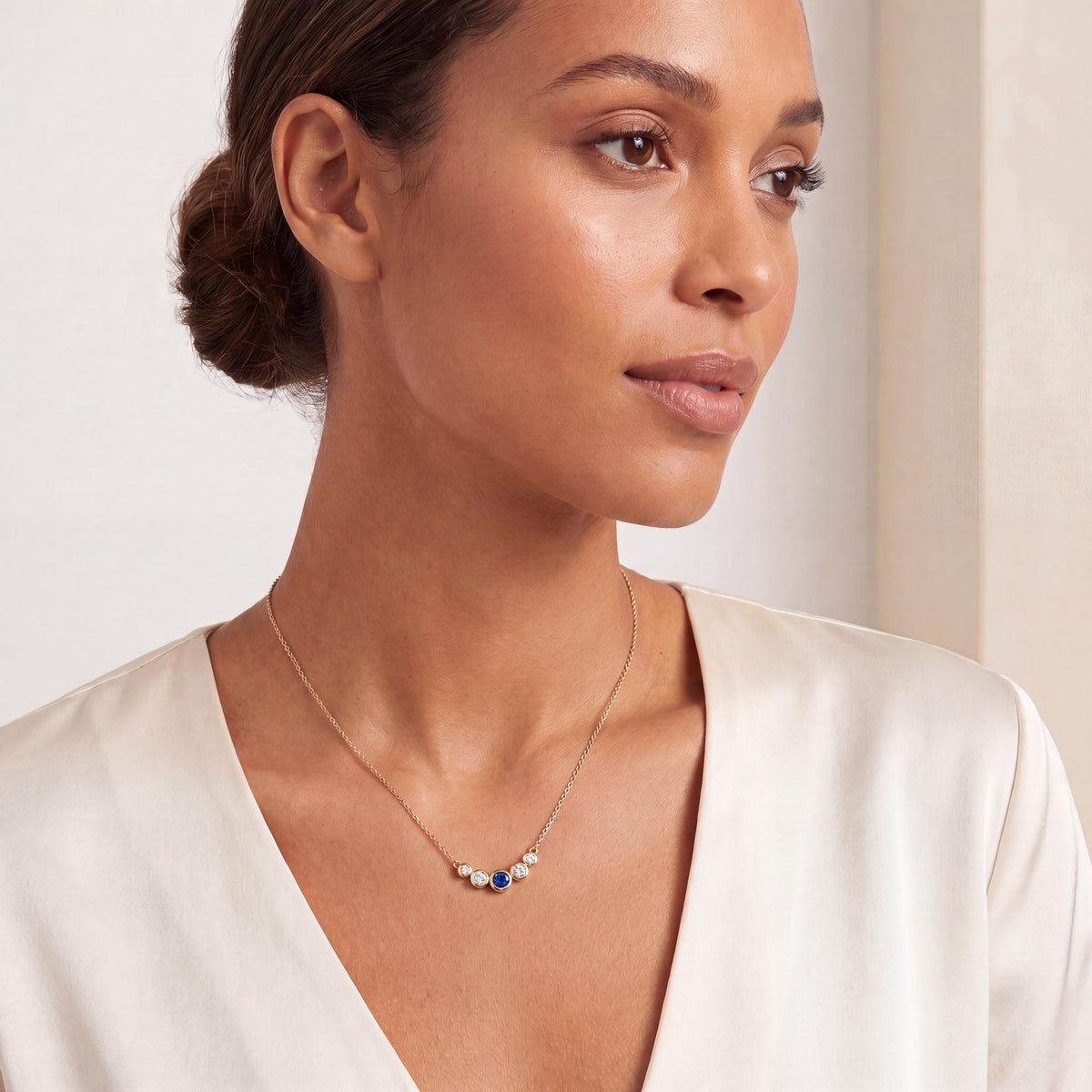 Round Sapphire & Diamond Five Stone Graduated Bezel Necklace 14K Solid Gold Pendant