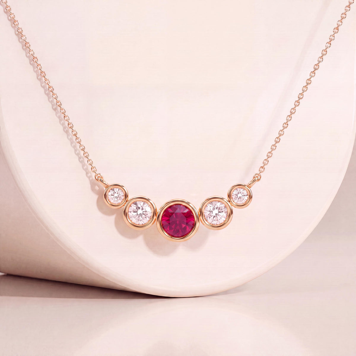 Round Ruby & Diamond Five Stone Graduated Bezel Necklace 14K Solid Gold Pendant