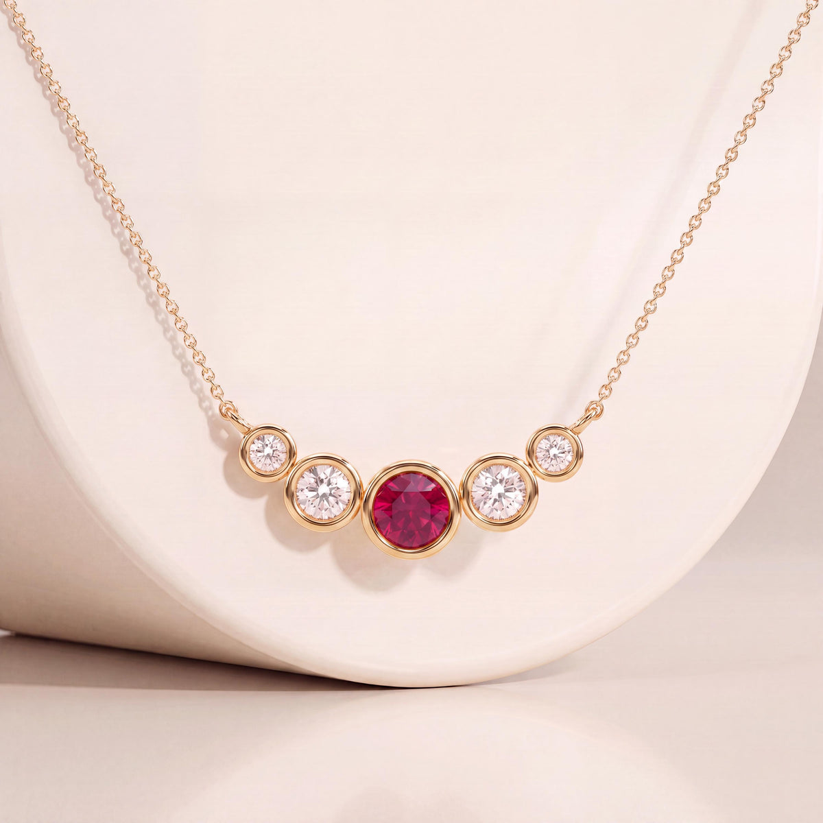 Round Ruby & Diamond Five Stone Graduated Bezel Necklace 14K Solid Gold Pendant