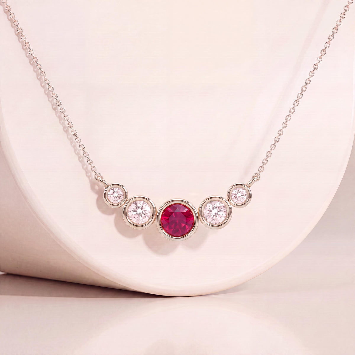 Round Ruby & Diamond Five Stone Graduated Bezel Necklace 14K Solid Gold Pendant