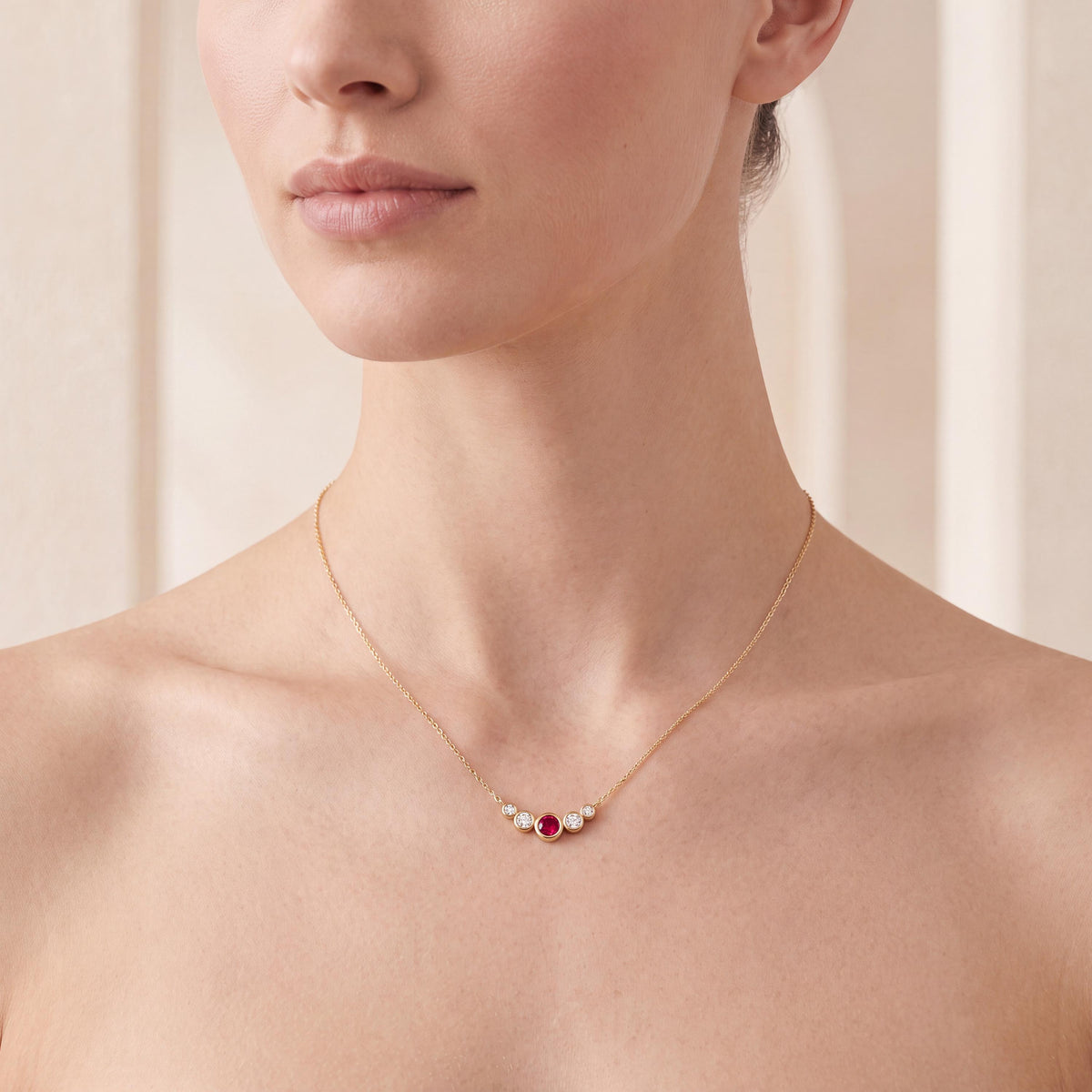 Round Ruby & Diamond Five Stone Graduated Bezel Necklace 14K Solid Gold Pendant