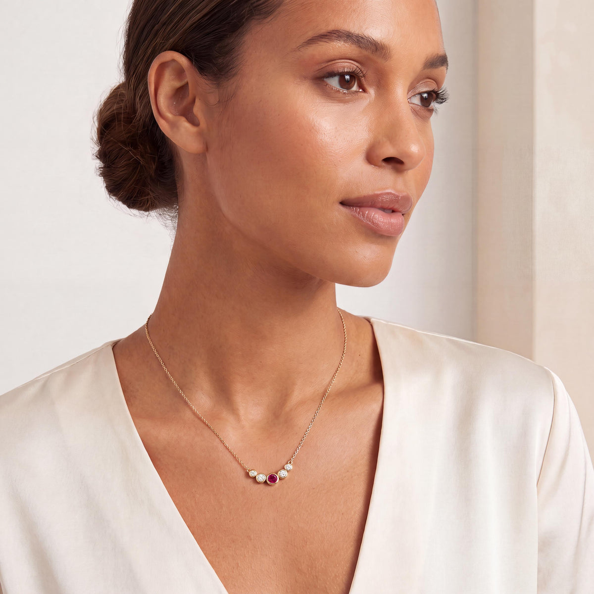 Round Ruby & Diamond Five Stone Graduated Bezel Necklace 14K Solid Gold Pendant