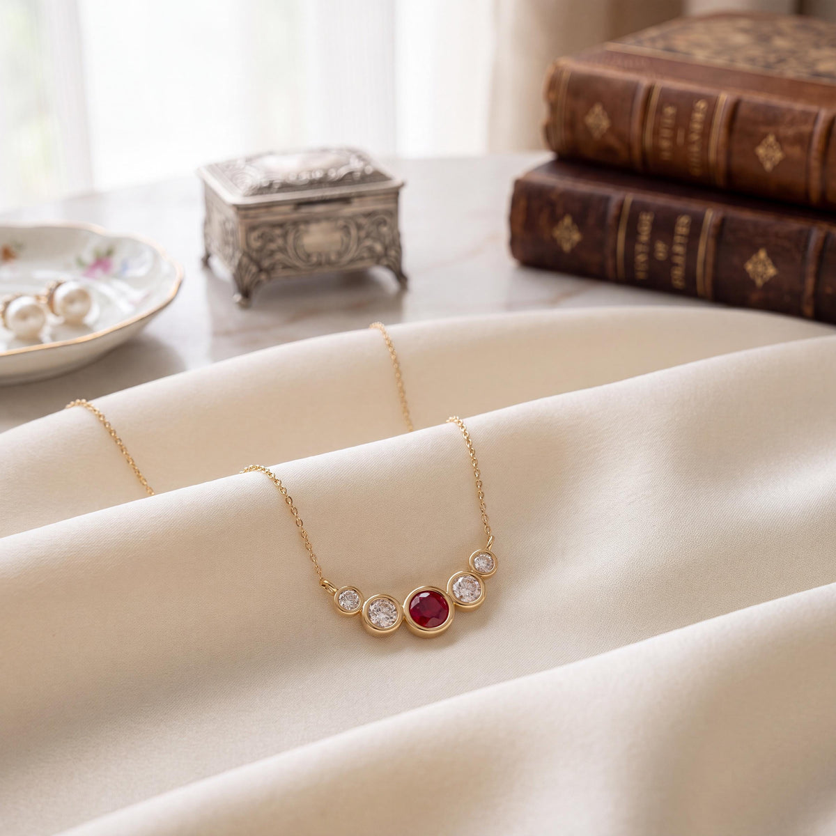 Round Ruby & Diamond Five Stone Graduated Bezel Necklace 14K Solid Gold Pendant