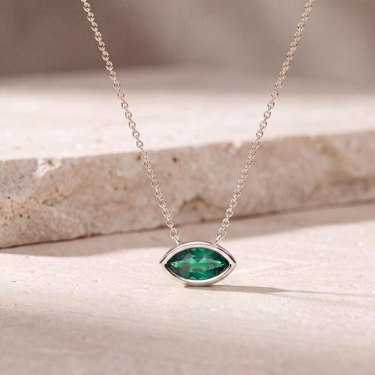 Marquise Solitaire Emerald Dainty Bezel Set 14K Solid Gold Pendant Necklace
