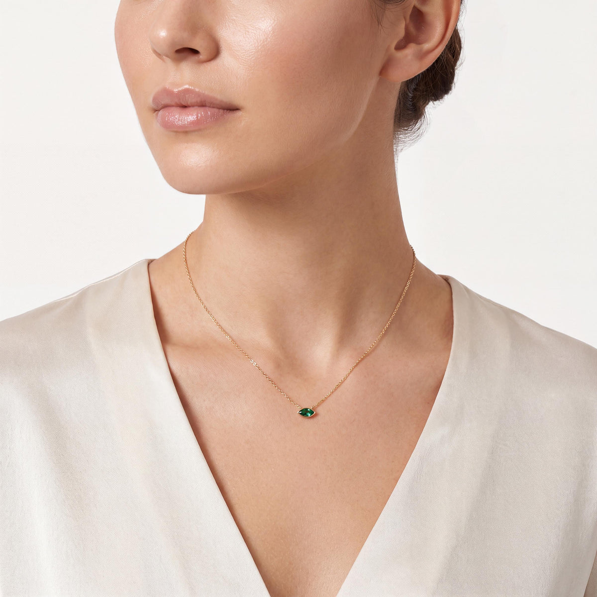 Marquise Solitaire Emerald Dainty Bezel Set 14K Solid Gold Pendant Necklace