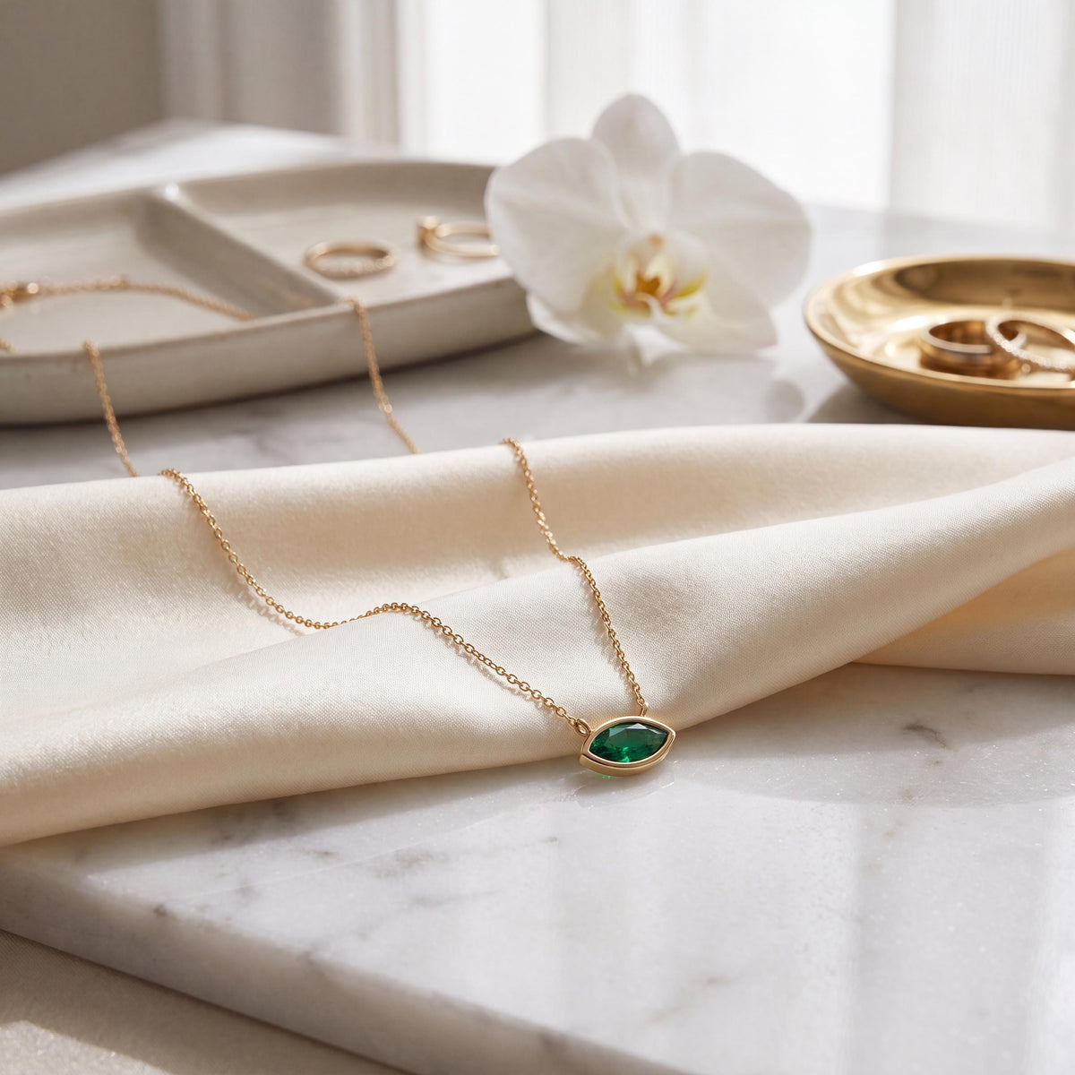 Marquise Solitaire Emerald Dainty Bezel Set 14K Solid Gold Pendant Necklace