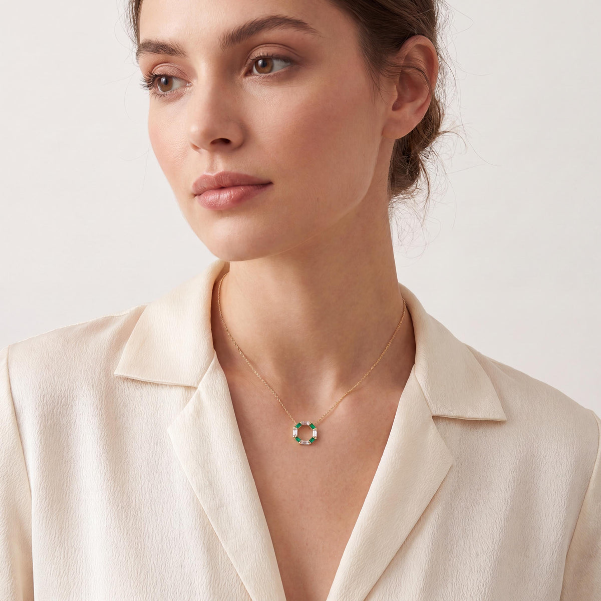 Baguette Emerald & Diamond Octagon Dainty 14K Solid Gold Pendant Necklace